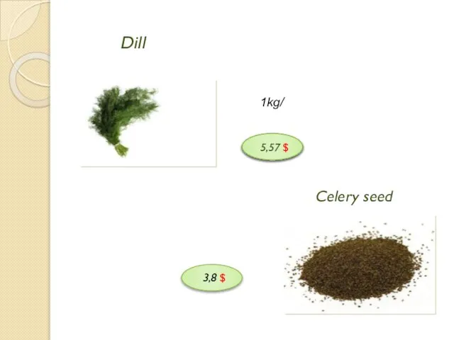 Celery seed 1kg/ 5,57 $ Dill 5,57 $ 3,8 $