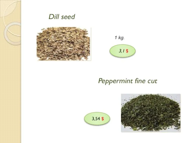 Dill seed 1 kg. 3,1 $ 3,54 $ Peppermint fine cut