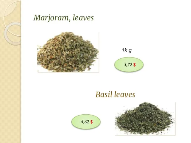 Marjoram, leaves 1k g 228 Basil leaves 4,62 $ 3,72 $