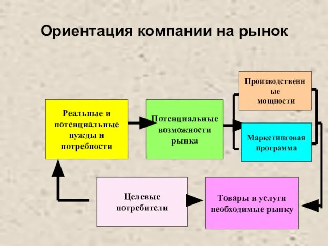 Ориентация компании на рынок Реальные и потенциальные нужды и потребности Потенциальные