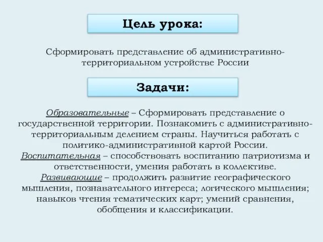 Сформировать представление об административно-территориальном устройстве России Цель урока: Задачи: Образовательные –