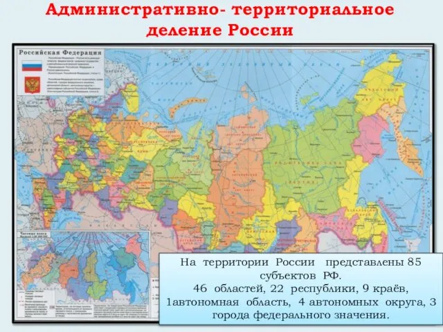 Административно- территориальное деление России На территории России представлены 85 субъектов РФ.