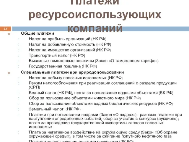 Платежи ресурсоиспользующих компаний Общие платежи Налог на прибыль организаций (НК РФ)