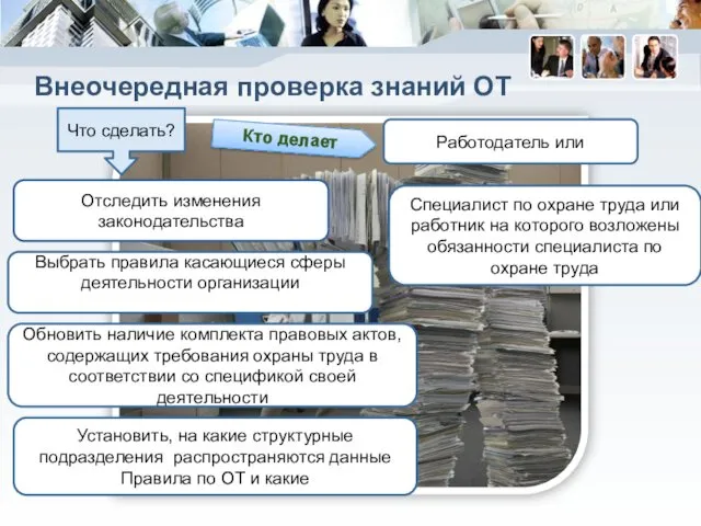 Внеочередная проверка знаний ОТ Что сделать? Отследить изменения законодательства Выбрать правила