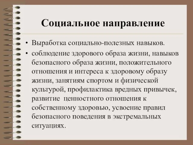 Социальное направление Выработка социально-полезных навыков. соблюдение здорового образа жизни, навыков безопасного