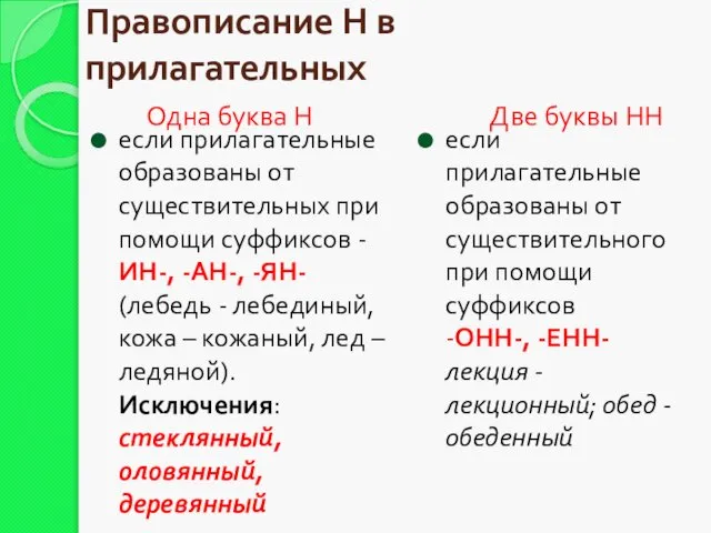 Правописание Н в прилагательных Одна буква Н Две буквы НН если