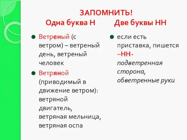 ЗАПОМНИТЬ! Одна буква Н Две буквы НН Ветреный (с ветром) –