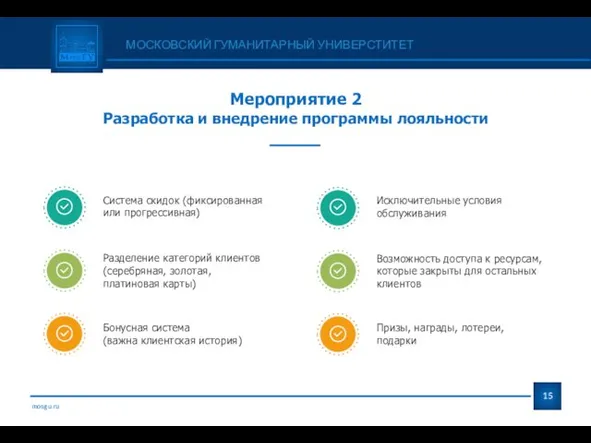 mosgu.ru МОСКОВСКИЙ ГУМАНИТАРНЫЙ УНИВЕРСТИТЕТ Мероприятие 2 Разработка и внедрение программы лояльности