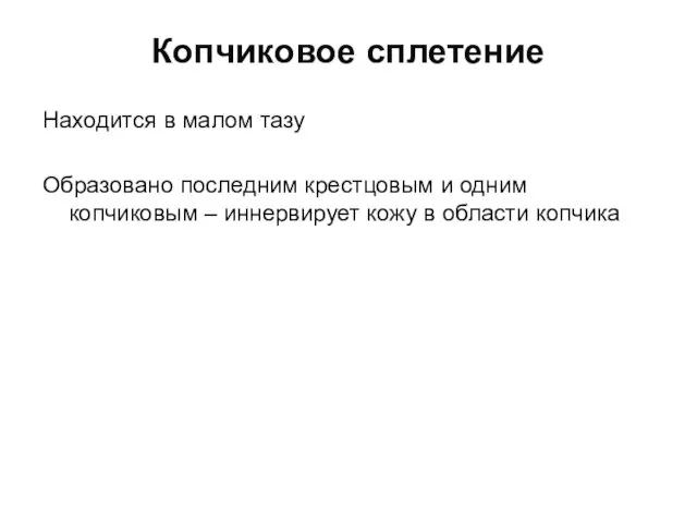 Копчиковое сплетение Находится в малом тазу Образовано последним крестцовым и одним