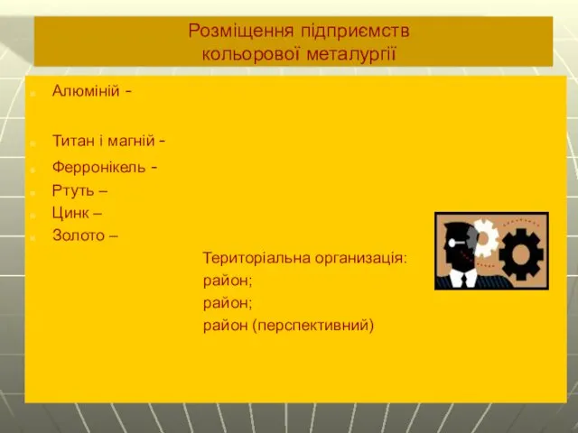 Розміщення підприємств кольорової металургії Алюміній - Титан і магній - Ферронікель