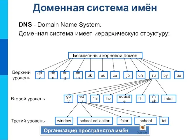 Доменная система имён Безымянный корневой домен Верхний уровень Второй уровень Третий