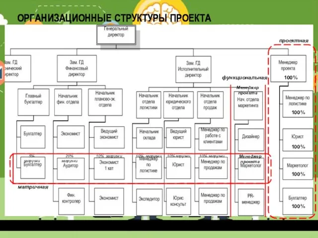 100% 100% 100% 100% 100% ОРГАНИЗАЦИОННЫЕ СТРУКТУРЫ ПРОЕКТА функциональная проектная