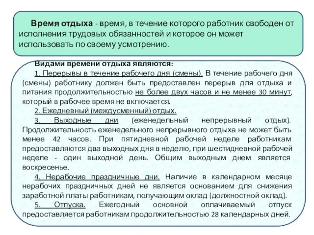 Время отдыха - время, в течение которого работник свободен от исполнения