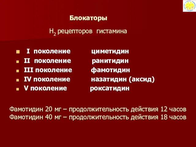 Блокаторы H2 рецепторов гистамина I поколение циметидин II поколение ранитидин III