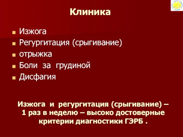 Клиника Изжога Регургитация (срыгивание) отрыжка Боли за грудиной Дисфагия Изжога и