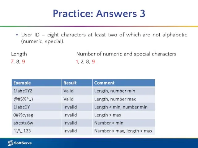 Practice: Answers 3 User ID – eight characters at least two