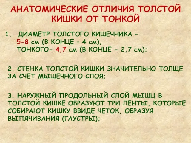 АНАТОМИЧЕСКИЕ ОТЛИЧИЯ ТОЛСТОЙ КИШКИ ОТ ТОНКОЙ 2. СТЕНКА ТОЛСТОЙ КИШКИ ЗНАЧИТЕЛЬНО