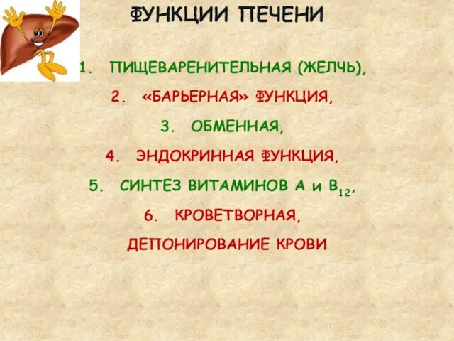 ФУНКЦИИ ПЕЧЕНИ ПИЩЕВАРЕНИТЕЛЬНАЯ (ЖЕЛЧЬ), «БАРЬЕРНАЯ» ФУНКЦИЯ, ОБМЕННАЯ, ЭНДОКРИННАЯ ФУНКЦИЯ, СИНТЕЗ ВИТАМИНОВ