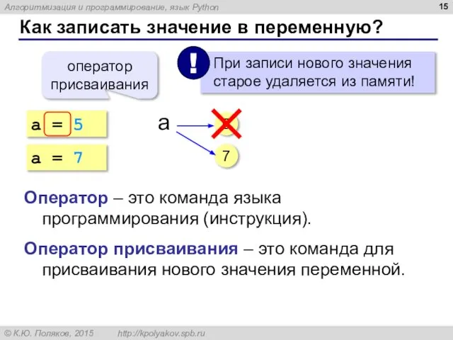 Как записать значение в переменную? a = 5 оператор присваивания 5