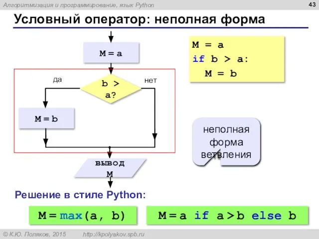 Условный оператор: неполная форма неполная форма ветвления M = a if