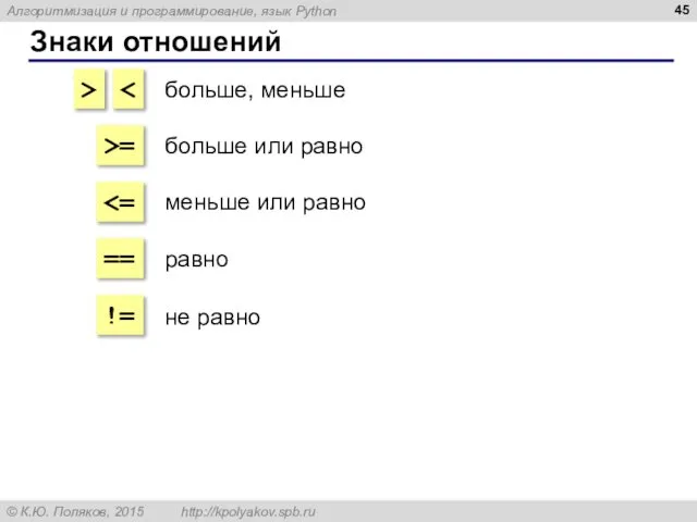Знаки отношений > >= == != больше, меньше больше или равно