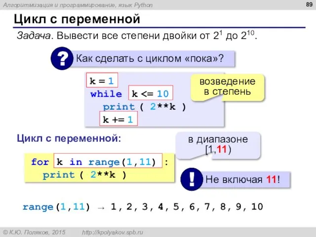 Цикл с переменной Задача. Вывести все степени двойки от 21 до