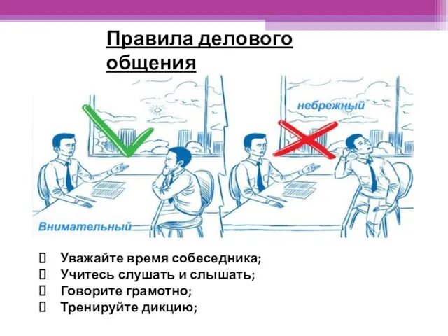 Правила делового общения Уважайте время собеседника; Учитесь слушать и слышать; Говорите грамотно; Тренируйте дикцию;