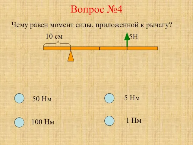 Вопрос №4 Чему равен момент силы, приложенной к рычагу? 10 см