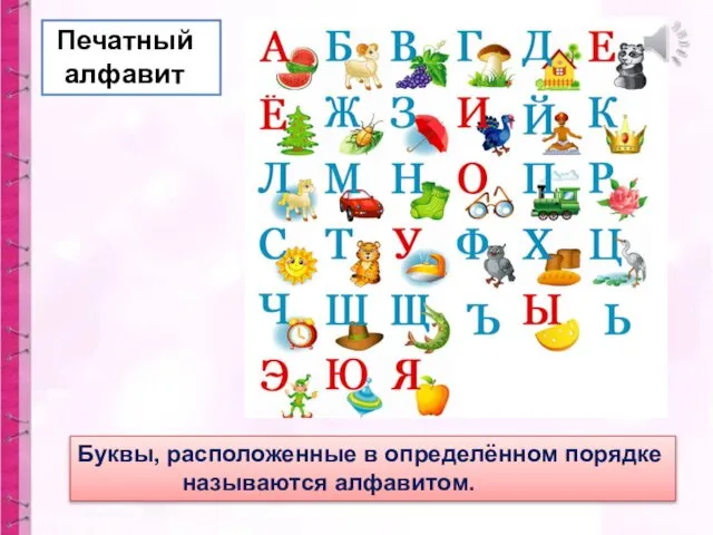 Буквы, расположенные в определённом порядке называются алфавитом. Печатный алфавит