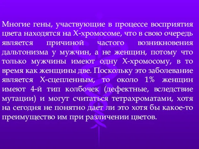 Многие гены, участвующие в процессе восприятия цвета находятся на Х-хромосоме, что