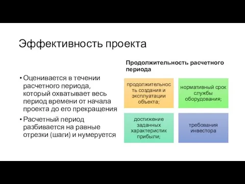 Эффективность проекта Оценивается в течении расчетного периода, который охватывает весь период