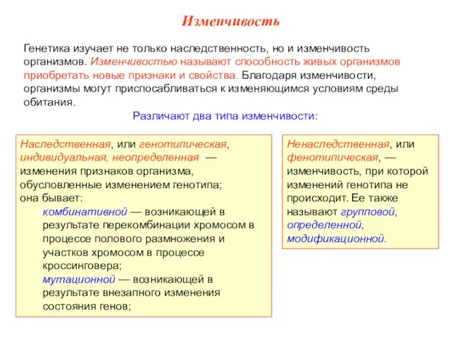 Изменчивость Генетика изучает не только наследственность, но и изменчивость организмов. Изменчивостью