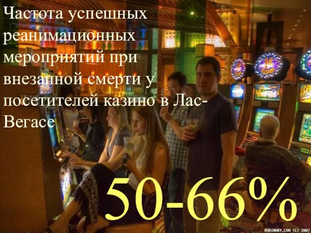 Частота успешных реанимационных мероприятий при внезапной смерти у посетителей казино в Лас-Вегасе 50-66%
