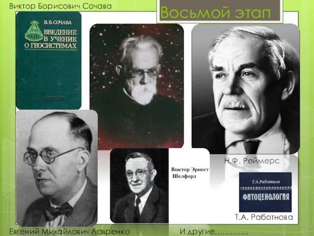 Восьмой этап Н.Ф. Реймерс Евгений Михайлович Лавренко Виктор Борисович Сочава Т.А. Работнова И другие………….