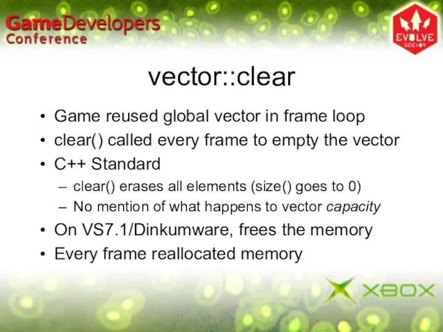 vector::clear Game reused global vector in frame loop clear() called every