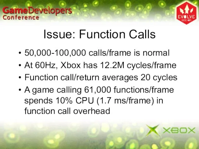 Issue: Function Calls 50,000-100,000 calls/frame is normal At 60Hz, Xbox has