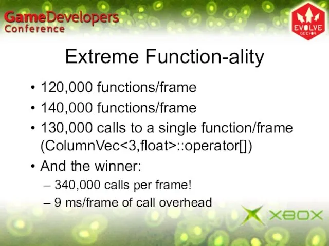 Extreme Function-ality 120,000 functions/frame 140,000 functions/frame 130,000 calls to a single