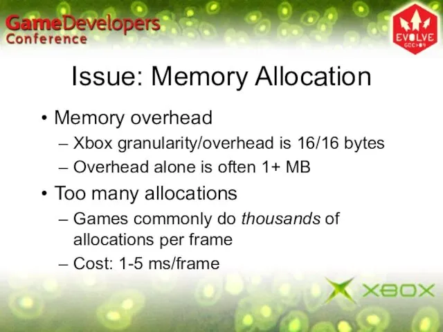 Issue: Memory Allocation Memory overhead Xbox granularity/overhead is 16/16 bytes Overhead