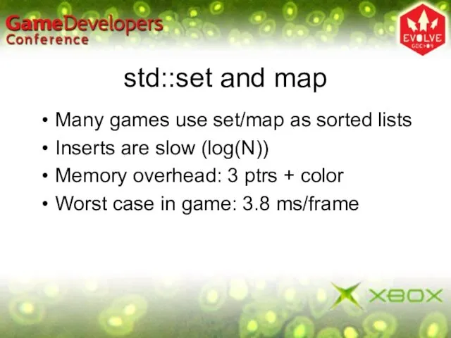 std::set and map Many games use set/map as sorted lists Inserts