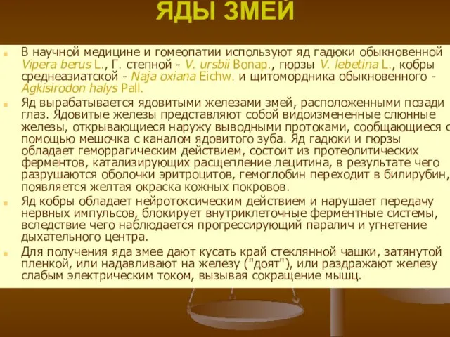 ЯДЫ ЗМЕЙ В научной медицине и гомеопатии используют яд гадюки обыкновенной