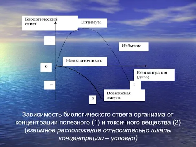 Зависимость биологического ответа организма от концентрации полезного (1) и токсичного вещества