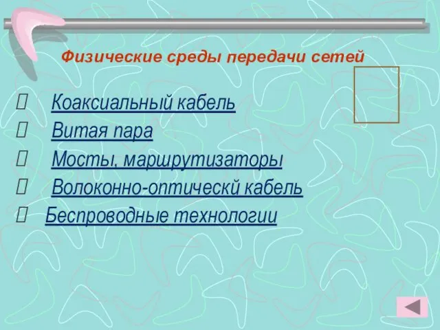 Физические среды передачи сетей  Коаксиальный кабель Витая пара Мосты, маршрутизаторы Волоконно-оптическй кабель Беспроводные технологии