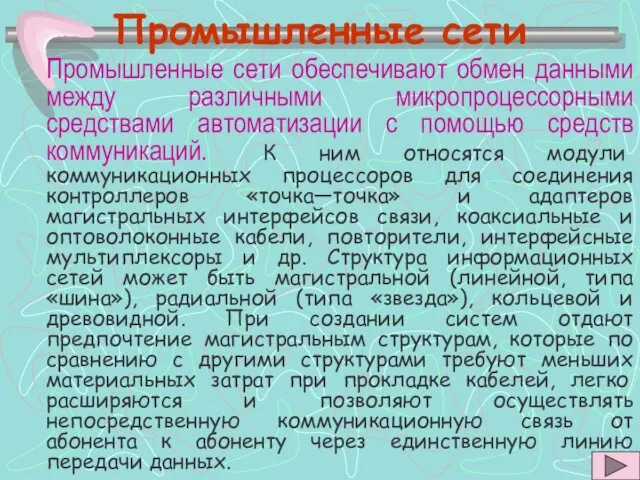 Промышленные сети Промышленные сети обеспечивают обмен данными между различными микропроцессорными средствами