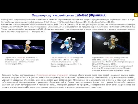 Оператор спутниковой связи Eutelsat (Франция) Французский оператор спутниковой связи Eutelsat занимает