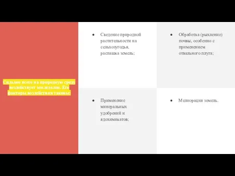 Сильнее всего на природную среду воздействует земледелие. Его факторы воздействия таковы: