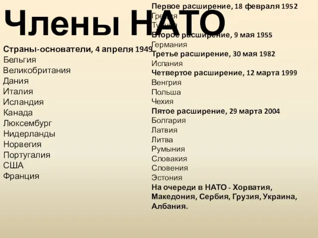 Члены НАТО Страны-основатели, 4 апреля 1949 Бельгия Великобритания Дания Италия Исландия