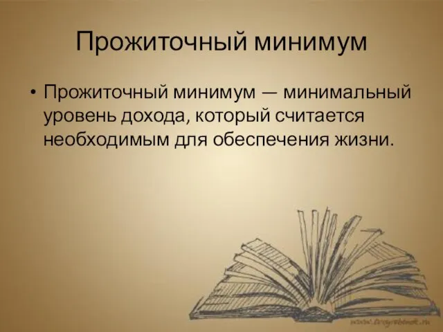 Прожиточный минимум Прожиточный минимум — минимальный уровень дохода, который считается необходимым для обеспечения жизни.