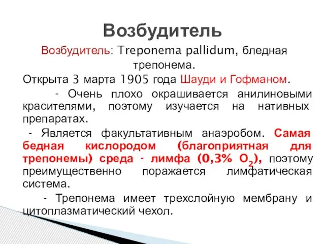 Возбудитель: Treponema pallidum, бледная трепонема. Открыта 3 марта 1905 года Шауди