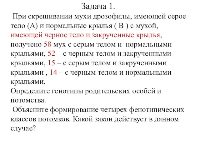 Задача 1. При скрещивании мухи дрозофилы, имеющей серое тело (А) и