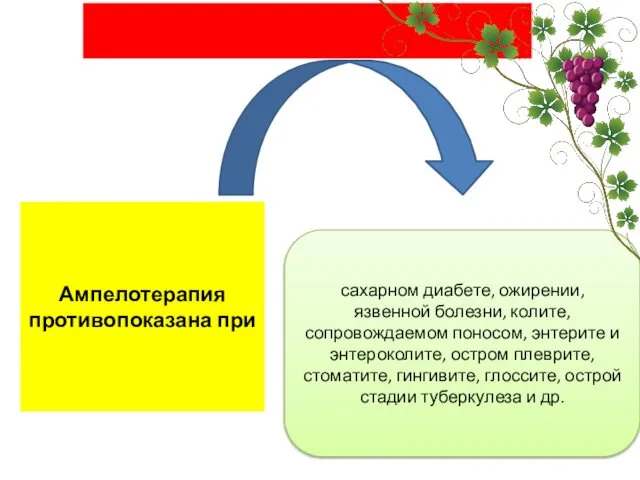 Ампелотерапия противопоказана при сахарном диабете, ожирении, язвенной болезни, колите, сопровождаемом поносом,